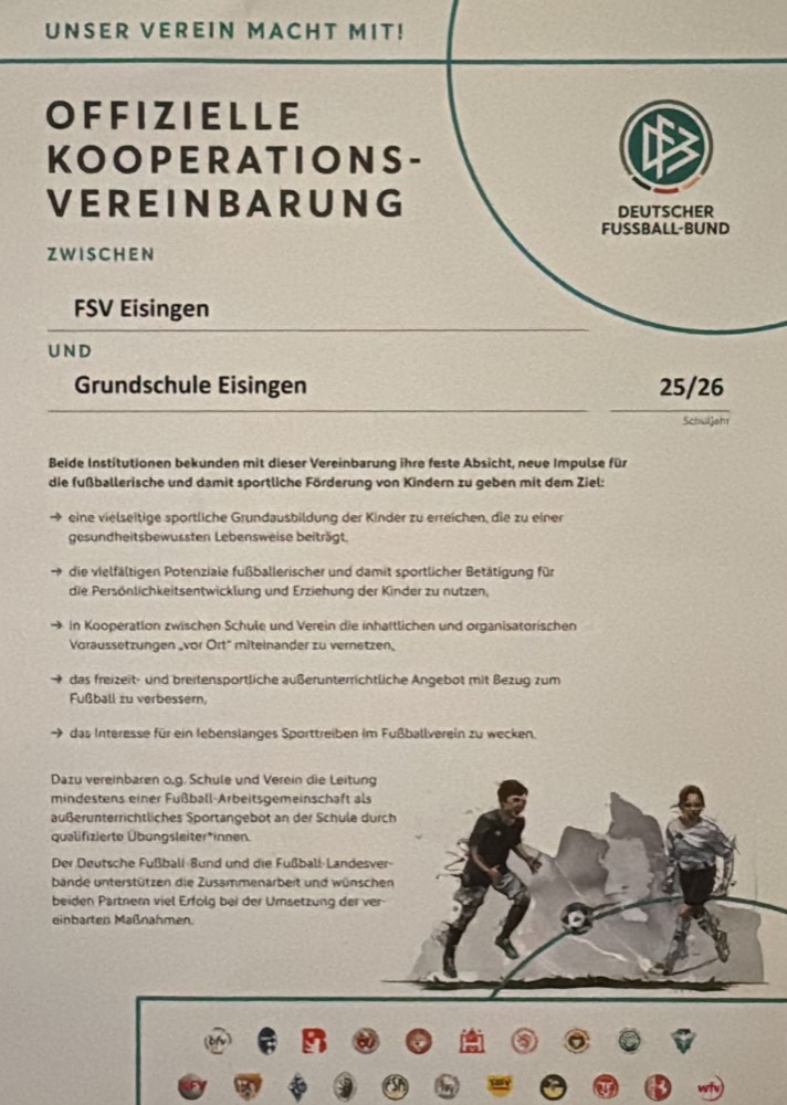Offizielle DFB-Kooperationsvereinbarung zwischen FSV Eisingen und Grundschule Eisingen, Schuljahr 25/26